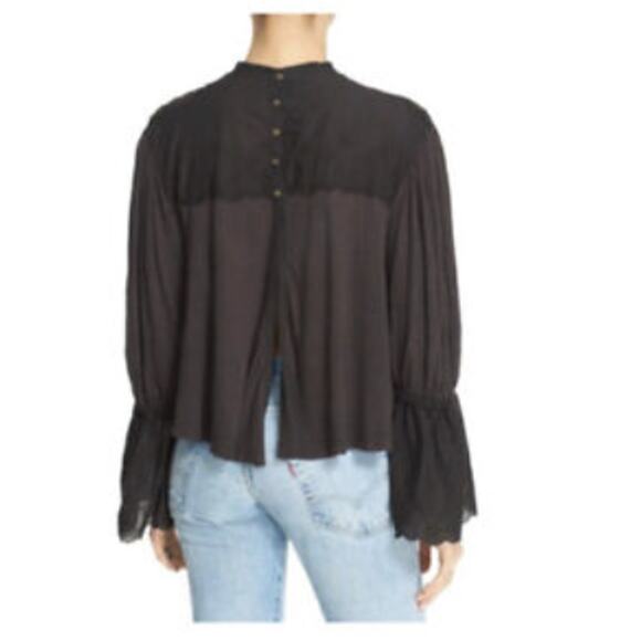 Free People XSmall Dark Gray Femme Fatale Bell Sleeve Top Embroidered Open Back - Picture 13 of 13